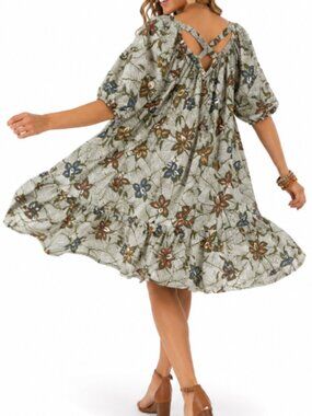 Vintage Hawaiian T & L Muumuu Factory Floral Puff-Sleeve Midi Dress Olive Sz XL